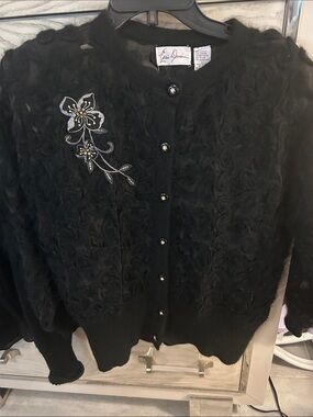 Angora and lamb wool blend black floral Applique Knit Cardigan Sweater